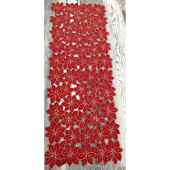 Red Poinsettia Table Runner Embroidered Cutwork Xmas Decor 35" x 13.5" - Picture 4 of 5